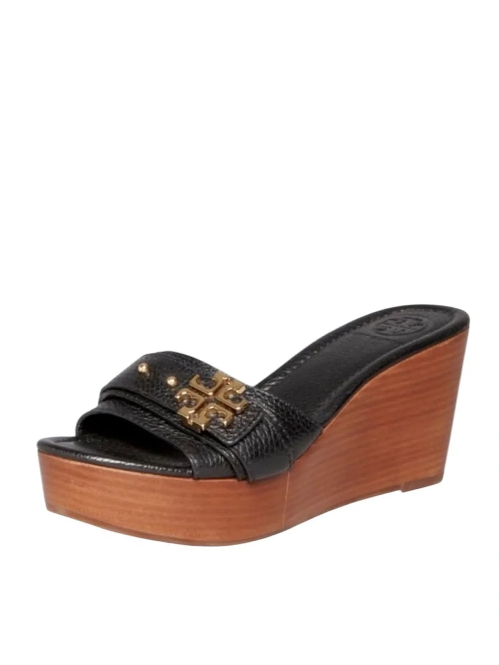 Tory Burch Elina Black Leather Gold Logo Plstform Wedge Sandals - 8.5